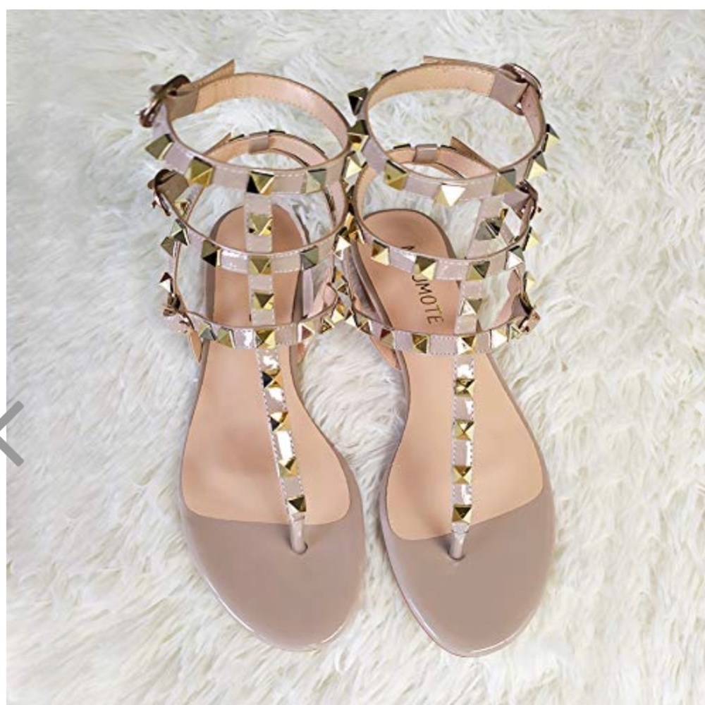 MERUMOTE Women's Rivets Studs Strap Nude Flats